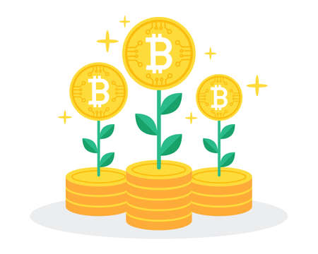 Bitcoin trees grow on the pile of coins. Creative financial concept of cryptocurrency investment. Symbol of digital coin. Simple trendy cute vector illustration. Modern flat style graphic icon.のイラスト素材