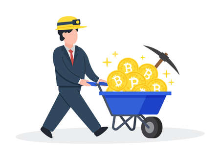 Businessman with the wheelbarrow full of bitcoins. Creative financial concept of crypto mining or cryptocurrency investment. Virtual digital coin. Trendy cute cartoon vector flat style illustration.のイラスト素材