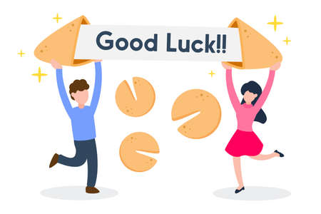 Woman and man holding piece of fortune cookie and reveal message paper. Creative concept idea of Chinese snack. Simple trendy cute character vector illustration. Flat Style graphic design element.のイラスト素材