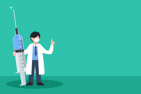 Doctor standing with a mask holding a medical syringe and pointing finger to explain something. Background illustration with copy space for text. Simple trendy cute cartoon vector flat style.のイラスト素材