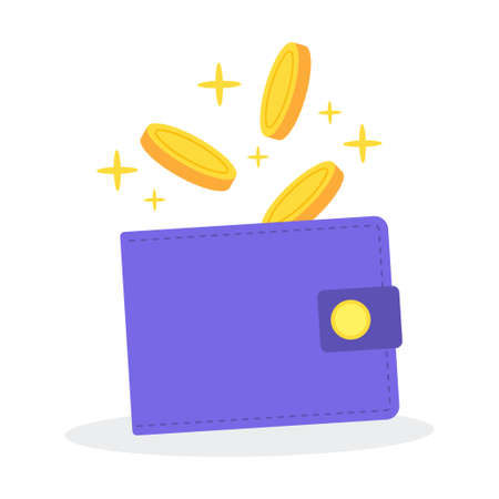 Colorful wallet or purse icon with floating golden coins. Creative financial concept of wealth, rich or payment. Group of money. Simple trendy cute object vector illustration. Flat Style graphic.のイラスト素材