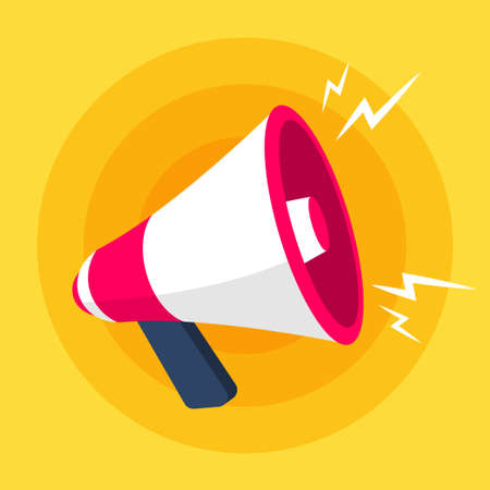 Pink megaphone isolated on yellow background. Symbol of the loudspeaker. Promotion annoucement. Simple trendy cute cartoon object vector illustration. Flat style graphic design element icon.のイラスト素材