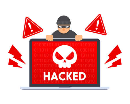 Computer laptop with skull icon and hacked message on screen. Creative security concept of hacking or system error by malware or virus. Emergency alert. Flat style cartoon vector graphic illustration.のイラスト素材