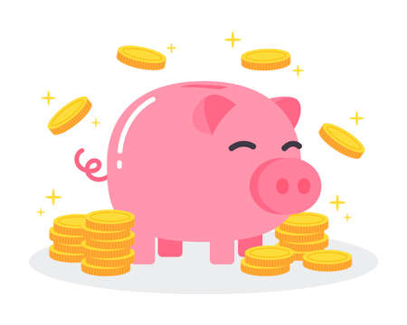 Pink piggy bank with group pile of coins. The creative concept idea of saving money, financial and investment. Simple trendy cute cartoon object vector illustration. Modern flat style graphic icon.のイラスト素材