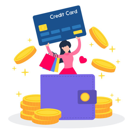 Credit card and wallet with golden coins falling into it. The creative concept of cashback from payment. Simple trendy cute cartoon vector illustration. Modern flat style graphic design icon element.のイラスト素材