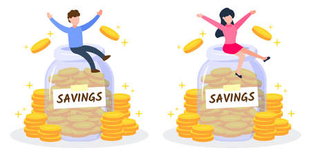 Man and woman sit on money jar with savings label and stacks of golden coins. The creative financial concept of wealth and rich. Trendy cute cartoon vector illustration. Flat style graphic design.のイラスト素材