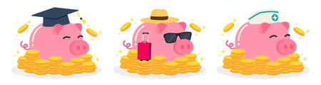 Piggy bank with graduation hat, straw hat, sunglasses, suitcase, nurse cap, and stack of golden money coins. Creative financial concept of savings for education, travel, health insurance. Flat style.のイラスト素材