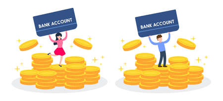 Man and woman hold bank passbook and stands on stack of golden money coins. Creative financial concept of interest from savings. Trendy cute cartoon vector illustration. Flat style graphic design.のイラスト素材