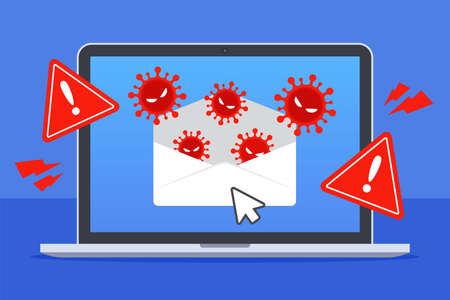 Computer viruses spread out from the email. System security warning on laptop. Emergency alert of threat by malware, virus, trojan, or hacker. Creative antivirus concept. Trendy vector flat style.のイラスト素材