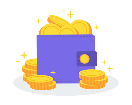 Colorful money wallet or purse full of golden coins. Creative financial concept of wealth, rich or savings. Simple trendy cute cartoon object vector illustration. Flat Style graphic design icon.のイラスト素材
