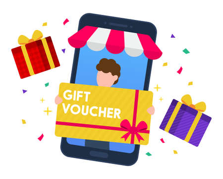 Man holds gift voucher card inside mobile with shop awning with present boxes and confetti. Creative concept of earning prizes or rewards from store. Trendy cute cartoon character vector illustrationのイラスト素材