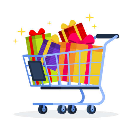 Shopping cart with group of colorful gifts or present boxes. Creative concept of earning rewards or prizes from store. Trendy cute cartoon vector illustration. Flat style graphic design icon.のイラスト素材