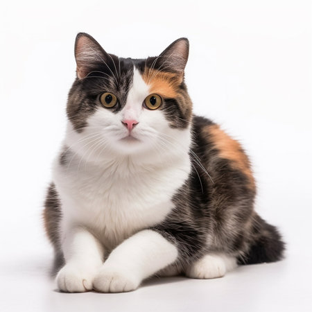 A cute and beautiful calico cat with curious eyes lying down on the floor. Lovely portrait of the domestic pet isolated on white background. Adorable feline animal. Image by AI generated.の素材