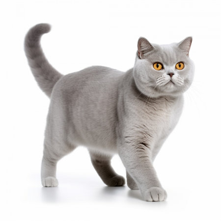 A cute and beautiful British Shorthair cat with curious eyes walking on the floor. Lovely portrait of the domestic pet isolated on white background. Adorable feline animal. Image by AI generated.の素材