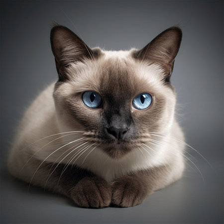A cute and beautiful Siamese cat with curious blue eyes lying down on the floor. Lovely portrait of the domestic pet isolated on gray background. Adorable feline animal. Image by AI generated.の素材