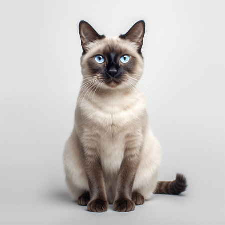 A cute and beautiful Siamese cat with curious blue eyes sits on the floor. Lovely portrait of the domestic pet isolated on gray background. Adorable feline animal. Image by AI generated.の素材