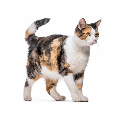 A cute and beautiful calico cat with curious eyes walking on the floor. Lovely portrait of the domestic pet isolated on white background. Adorable feline animal. Image by AI generated.の素材