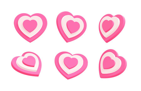 Collection of 3d stack hearts isolated on white background. Set of icons for Valentine's Day decoration concept. 3D graphic elements illustration. Expression symbol of like, love or happy. Cute emoji.の写真素材