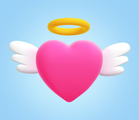 3D pink heart shape with white wings and angel yellow ring isolated on blue background. Concept of dead, death, or heaven. 3D render graphic element. Cute icon design illustration.の写真素材