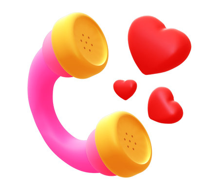 Lovely pink retro phone with red hearts. Cute 3d icon element illustration. Chat with lover or sweetheart. Symbol of love message. Romance concept. Graphic design decoration for valentine day.の写真素材