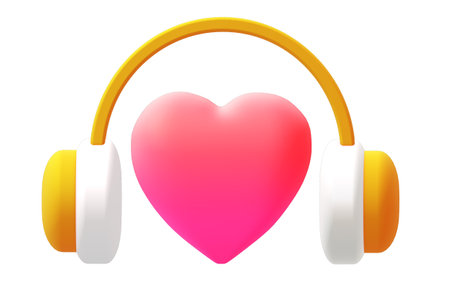 Pink heart with yellow headphones. 3d cute icon element illustration. Concept of listening to love music or favorite song. Graphic design decoration idea for valentine day. Cute cartoon style.の写真素材