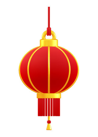 Red traditional Chinese hanging lantern. 3d element icon illustration. China lamp. Graphic design decoration for Chinese New Year festival. Cute ornament with cartoon style.の写真素材