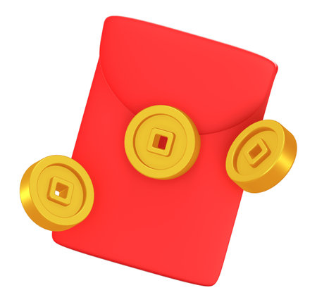 Red envelope or red packet with gold coins. 3d element icon illustration. Monetary gift concept in Chinese New Year festival. Graphic design decoration. Cute cartoon style. Symbol of cash or money.の写真素材