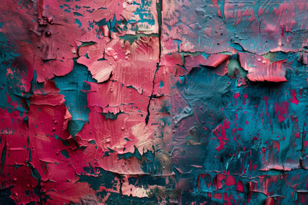 Vibrant textured wall with peeling red and blue paint for artistic useの素材