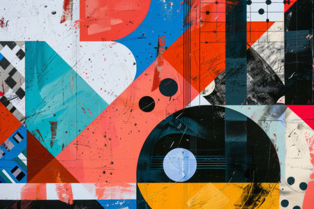 Vibrant abstract street art painting with a mix of geometric shapes and splashes of colorの素材