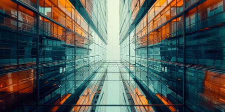 Abstract view of an urban glass building facade with orange and teal tonesの素材