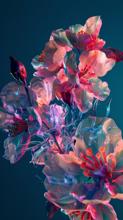Colorful digital art of a translucent floral bouquet on a teal backgroundの素材