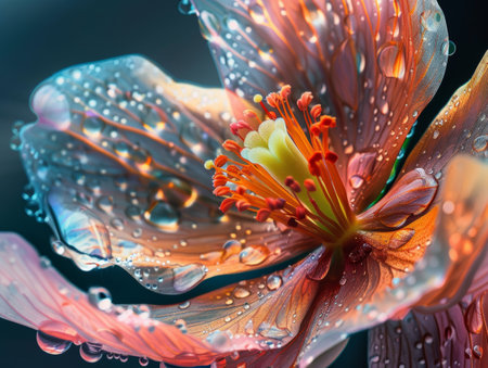 Close Up of Raindrops on Translucent Floral Petals with Vivid Colorsの素材