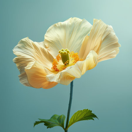 Single Delicate Yellow Poppy with Detailed Stamen on Soft Blue Backdropの素材