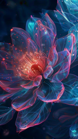 Bioluminescent Blue Flower Illustration with Neon Highlights and Dark Spaceの素材