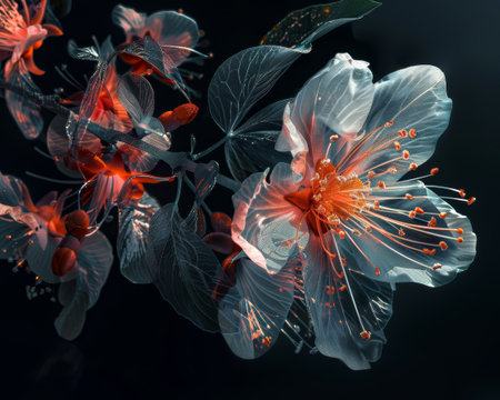 Red and Gray Floral Digital Artwork with Transparent Petals on Dark Backgroundの素材
