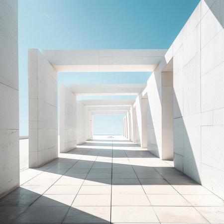 Bright modern corridor with a clear blue sky overhead, evoking a sense of openness.の素材