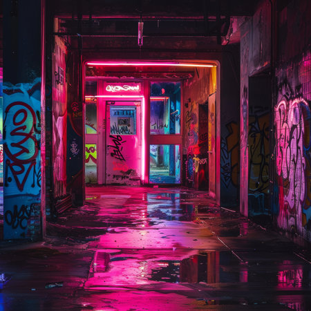 A neon-lit hallway creates a haunting atmosphere in an abandoned building at night.の素材