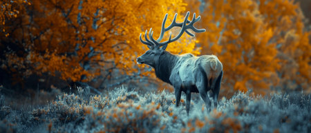 A stately elk surveys the land amid a fiery display of autumn foliage, capturing the essence of the season.の素材
