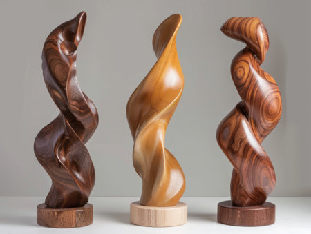 Three abstract wooden sculptures displayed side by side on a white background, showcasing
wood grain details.の素材
