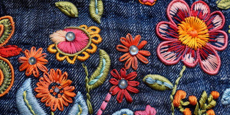 Detailed embroidery of colorful flowers on denim, textured needlework, fashion background.の素材