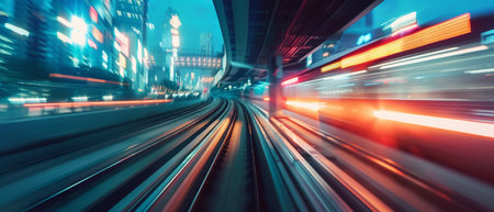 High-speed motion blur of a cityscape from a moving train perspective at nightの素材