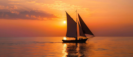 Sailing Boat at Sunset on Calm Ocean Waters, Serene Sea Voyage Sceneの素材