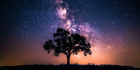 Milky Way galaxy shining brightly above a lone tree in an open fieldの素材