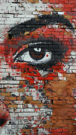 Urban Street Art Eye Mural on Brick Wall, Vivid Graffiti in Cityscapeの素材