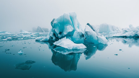 Calm glacial lagoon with icebergs reflected in the still waterの素材