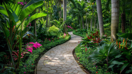 Peaceful pathway winding through a lush tropical garden landscapeの素材