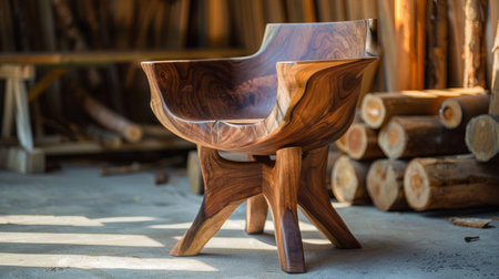 Artisan handcrafted wooden chair, elegant design in woodworking workshop.の素材