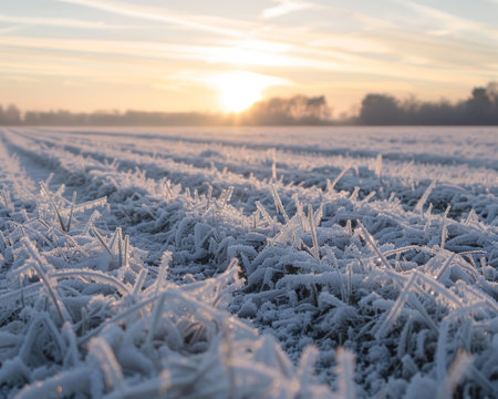 Golden sunrise illuminating a field of frost covered grass.の素材