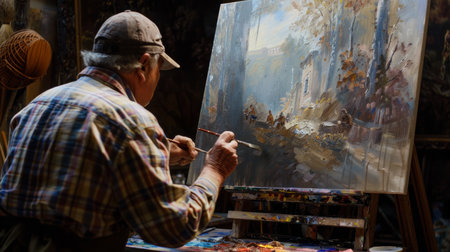 Elderly artist focused on painting a detailed cityscape on a canvasの素材