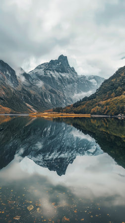 Calm lake reflecting a rugged mountain under a cloudy sky in autumnの素材
